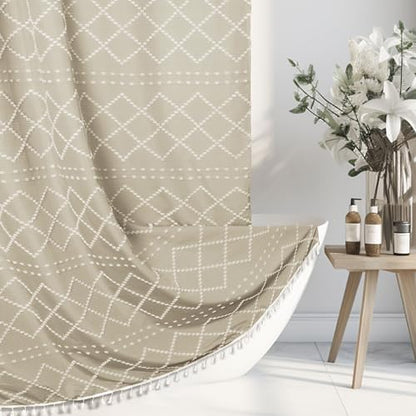 Siiluminisoy Beige Boho Woven Fabric Cute Shower Curtain, 72 x 72 Tufted Chevron Textured Striped Modern Farmhouse Minimalist Cloth Shower Curtain for Bathroom