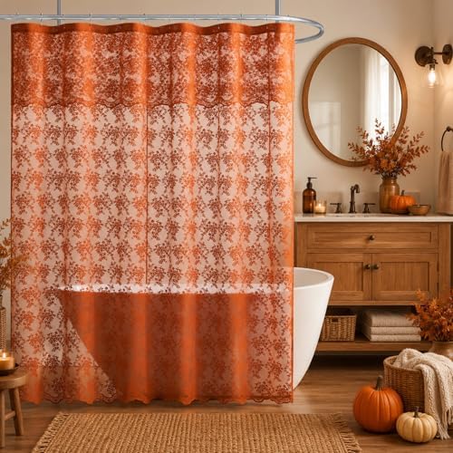 TUDECO Burnt Orange Shower Curtain with Attached Valance, 72 x72 Inch