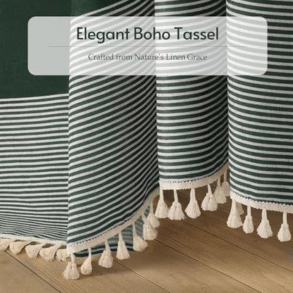 Dark Green Boho Linen Striped Shower Curtain with Tassel 72"W X 72"L