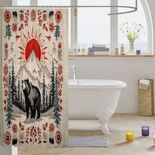 Lodge Cabin Bear Shower Curtain for Bathroom Decor Country Rustic Bath Curtain for Stalls Bathtubs Western Boho Bathroom Accessories Botanical Floral Waterproof Polyester Fabric with 12 Hooks 72"x72"