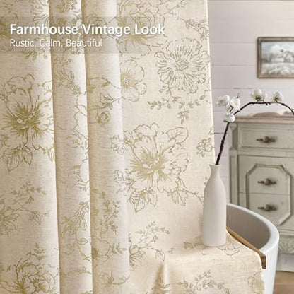 Farmhouse Vintage Linen Shower Curtain for Bathroom, Beige Floral