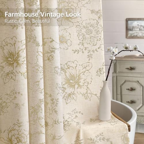 Farmhouse Vintage Linen Shower Curtain for Bathroom, Beige Floral