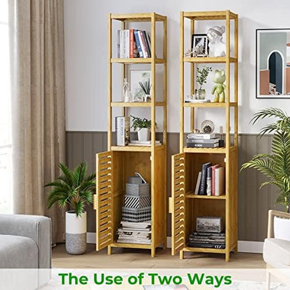VIAGDO Storage Tall Slim Cabinet with Shutter Door and 3 Tier Shelves, Freestanding Linen Tower Cabinet for Living Room, Kitchen, Bathroom Organizer, Natural Bamboo