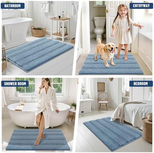 Grandaily Chenille Striped Bathroom Rugs 59x35, Extra Thick and Soft Absorbent Bath Mats, Rubber Backing, Plush Shaggy Shower Carpet, Machine Wash Dry, Bath Rug for Bathroom, Airy Blue