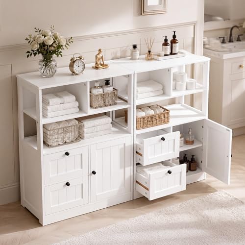 GRUSIGN Bathroom Storage Cabinet with Door and Drawers, Small Freestanding Bathroom Cabinet Organizer, Farmhouse Wooden Cupboard with Adjustable Shelves for Kitchen, Living Room, White