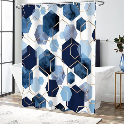 deFouliao Blue Shower Curtain Geometric Grid Ink Blue Modern Abstract Bathroom Shower Curtain Sets Waterproof Fabric for Home Hotel Bathtub Art Decor, with Hooks, 60x72 Inch