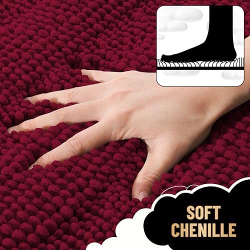 OLANLY Thick Bathroom Runner Rugs 47x24, Soft Chenille Bath Rugs, Burgundy