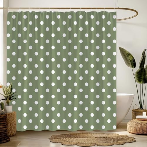 Polka Dot Shower Curtain Sage Green White Retro Spot Vintage Fabric Decorative Bathroom Curtains with Hooks,67" Wx70 H