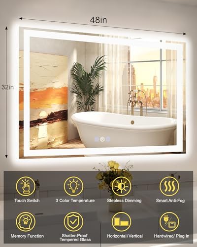 48x32 LED Bathroom Mirror, 6000LM, Separate Front and Back Lights