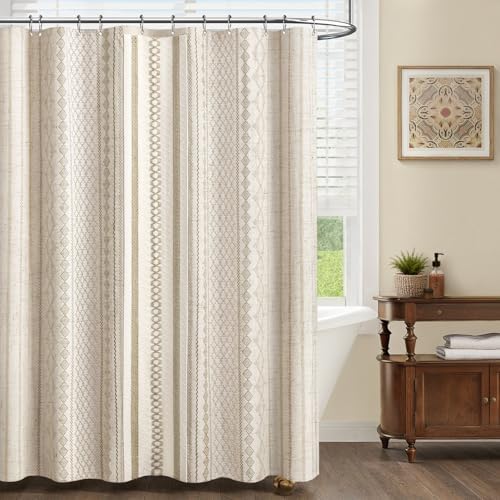 Beige Boho Linen Shower Curtain,72" W x 72" L