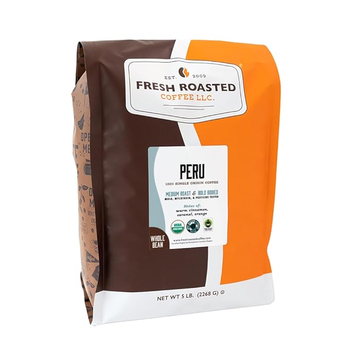 Fresh Roasted Coffee, Organic Peru Whole Bean Coffee, Medium Roast, USDA Organic, 3rd Party Tested for Mold, Mycotoxin & Pesticides, Kosher, 5 lb (80 oz)