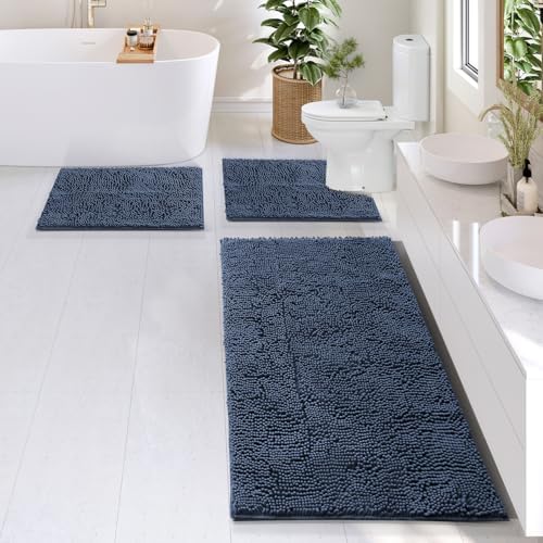 Hearth & Harbor Bathroom Rugs, Chenille Bath Mat - Machine Washable Bath Mats for Bathroom Non-Slip Backing Rubber, Quick Dry Mat - Navy Blue Bath Rug, 17x24-26x44-20x24
