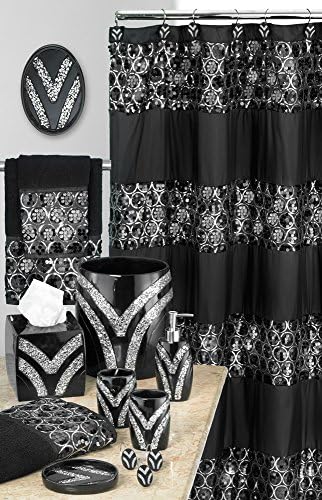 Zahari Home 4pc Sinatra Stylish Bathroom Accessories Set Black Soap Dispenser/Lotion Pump, Tumbler, Tooth Brush Holder and Soap Dish Modern Luxury Decor Bling Mosaic Glass Black Bathroom Accessories