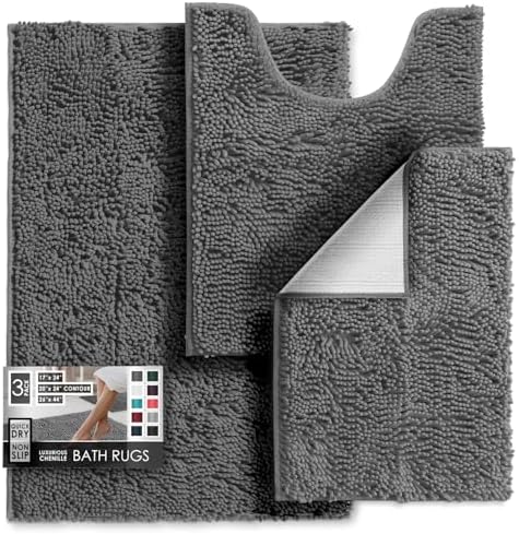 Hearth & Harbor Bathroom Rugs, Chenille Bath Mat - Machine Washable Bath Mats for Bathroom Non-Slip Backing Rubber, Quick Dry Mat - Grey Bath Rug, 17x24-26x44-20x24