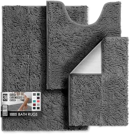Hearth & Harbor Bathroom Rugs, Chenille Bath Mat - Machine Washable Bath Mats for Bathroom Non-Slip Backing Rubber, Quick Dry Mat - Grey Bath Rug, 17x24-26x44-20x24