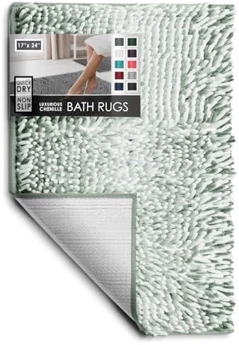 Hearth & Harbor Bathroom Rugs, Chenille Bath Mat - Machine Washable Bath Mats for Bathroom Non-Slip Backing Rubber, Quick Dry Bathroom Mat, 17 x 24 - Ombre Green