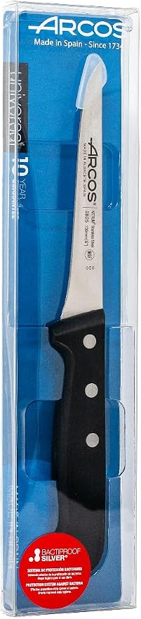 Arcos Boning Knife 5 Inch Nitrum Stainless Steel and 130 mm blade. Professional Butcher Knife to Slice Bones from Meat. Ergonomic Polypropylene Handle. Series Universal. Color Black.