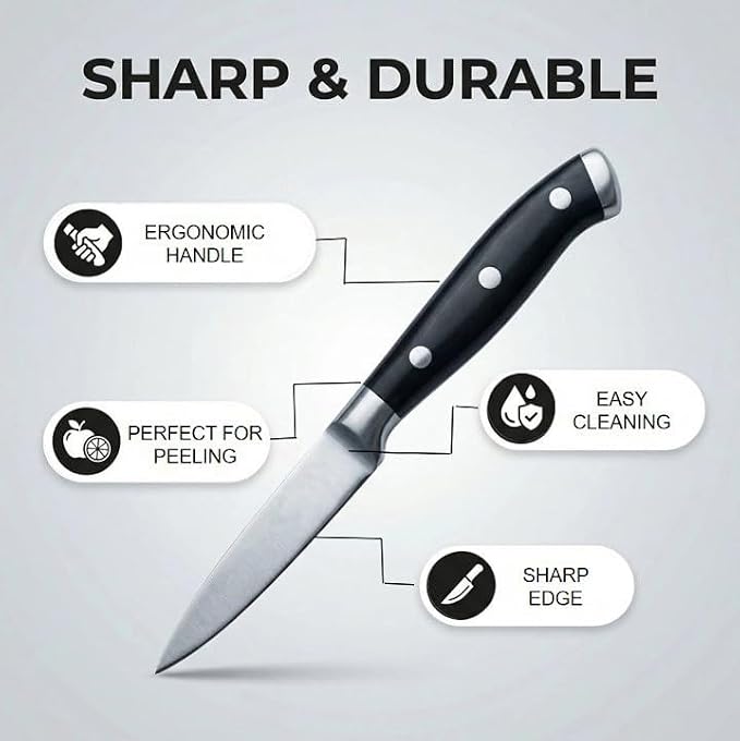 3.5 Inch High Carbon Steel Fruit and Vegetable Paring Knife, Triple Rivet Compact Knives with Ergonomic Handle, Ultra Sharp Small Kitchen Knife for Peeling, Slicing and Garnish