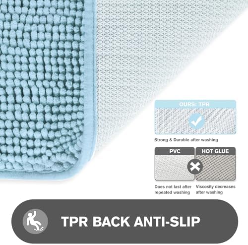 Light Blue Bathroom Rugs – Absorbent and Washable Bath Mat, Non-Slip, Thick Soft Chenille Bath Rugs for Bathroom Floor, Shower, Sink - 26" x 44"