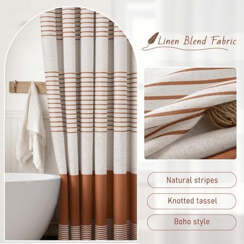 Fall Orange Boho Linen Striped Shower Curtain with Tassel 72"W X 72"L