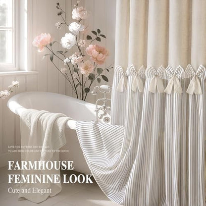 Farmhouse Shower Curtain Linen Bow Pleated Beige Stripe 72"W x 75"L