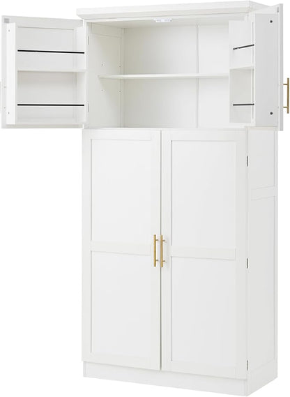 VilroCaz Freestanding Kitchen Pantry Tall Storage Cabinet, Wooden Kitchen Organizers with 4 Doors, 2 Door Shelves, 8 Pull-Out Trays and Adjustable Shelf for Dining Room Living Room (White-8.5)
