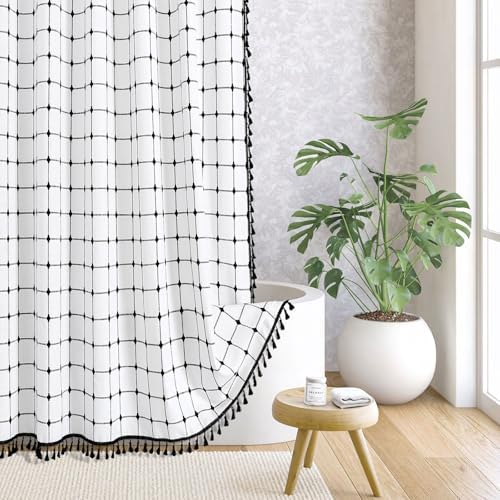 Boho Farmhouse Classic Plaid Linen Tassel Shower Curtain White Black,72x72