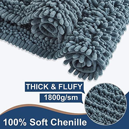 Luxury Chenille Dusty Blue Bathroom Rugs Sets 2 Piece, Thickened Hot Melt Rubber Bottom Bath Mats for Bathroom Non Slip,Bath Rugs Quick Dry Machine Washable for Shower Mat (47"x17"+17"x24")