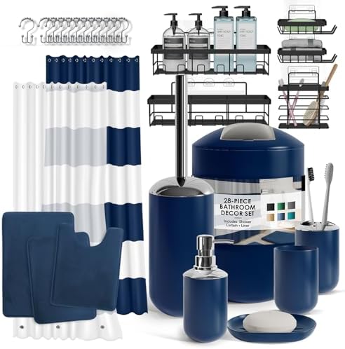 Clara Clark Bathroom Accessories Set - 28PC Bathroom Set with Adhesive Corner Shower Caddy Hanging, Bathroom Sets with Shower Curtain and Rugs, Navy Shower Curtain Set with Bathroom Trash Can