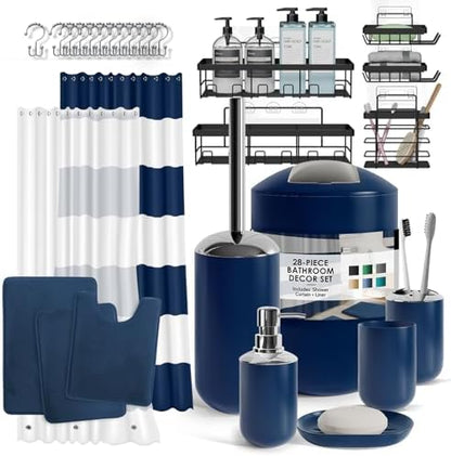 Clara Clark Bathroom Accessories Set - 28PC Bathroom Set with Adhesive Corner Shower Caddy Hanging, Bathroom Sets with Shower Curtain and Rugs, Navy Shower Curtain Set with Bathroom Trash Can