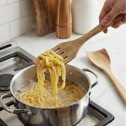 Natural Wooden Spoon Set for Cooking - 2 Piece Mango Wood Utensils Set Includes Spatula & Serving Spoons - Nonstick Safe Kitchen Tools