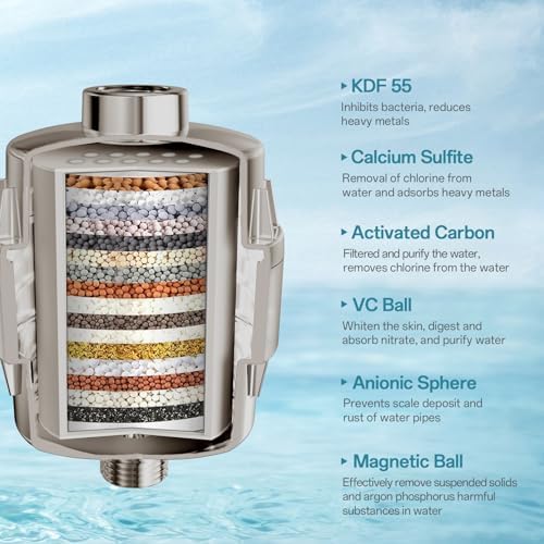 10'' Dual 20 Stage Filtered Shower Head with Handheld, 6 Spray Settings Handheld Shower Head High Pressure Rainfall Filter Combo with 12'' Adjustable Extension Arm, 71'' Shower Hose (Brushed Nickel)