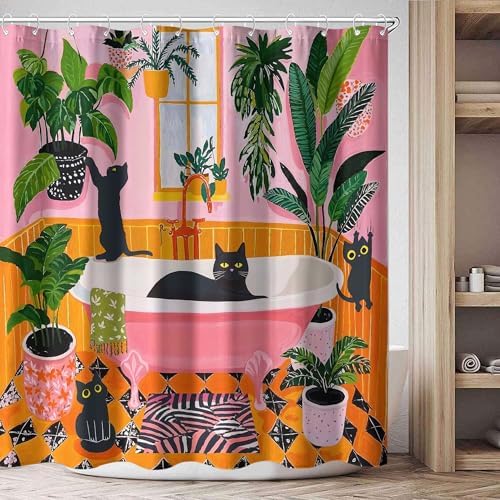Funny Cat Shower Curtain Boho Cute Fun Black Cats Matisse Shower Curtains for Bathroom Kitten Green Tropical Plant Leaves Pink Orange Yellow Waterproof Fabric Bath Curtain Decor 72 X 84 Inches