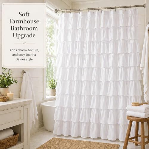 White Ruffle Shower Curtain for Bathroom,72 x 72 Inches, Farmhouse Style