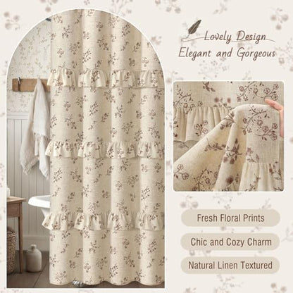 Brown Floral Farmhouse French Country Ruffle Linen Shower Curtain 72Wx72H