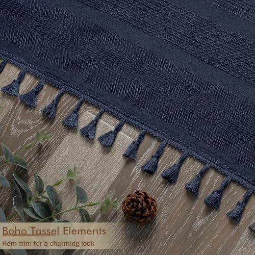 OVZME Navy Blue Shower Curtain for Bathroom, Boho Linen Textured Shower Curtain with Tassel, Rustic Striped Heavy Duty Vintage Country Bathroom Curtain, 72Wx72L Inches