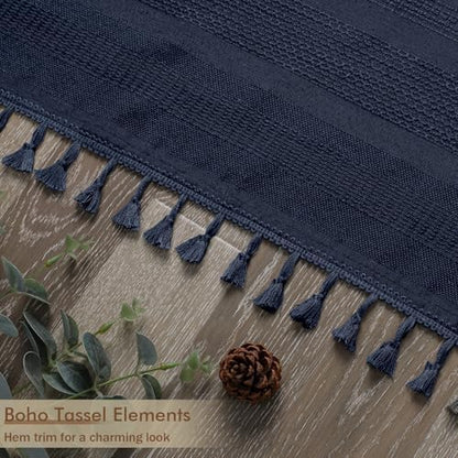 OVZME Navy Blue Shower Curtain for Bathroom, Boho Linen Textured Shower Curtain with Tassel, Rustic Striped Heavy Duty Vintage Country Bathroom Curtain, 72Wx72L Inches