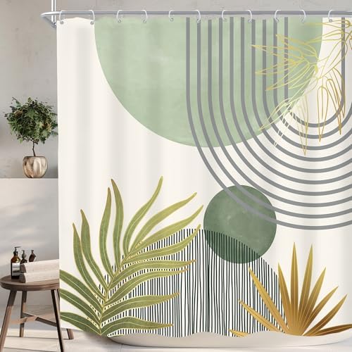 Mid Century Mint Green Boho Abstract Modern Bathroom Shower Curtain Set