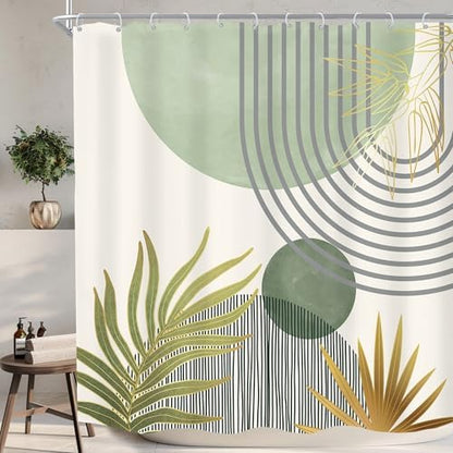 Mid Century Mint Green Boho Abstract Modern Bathroom Shower Curtain Set