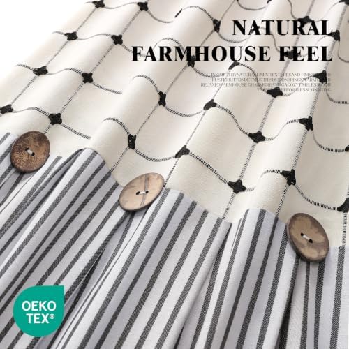 Farmhouse Shower Curtain Button Plaid-Cream-Black Stripe 72"W x 72"L