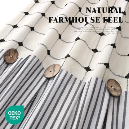 Farmhouse Shower Curtain Button Plaid-Cream-Black Stripe 72"W x 72"L