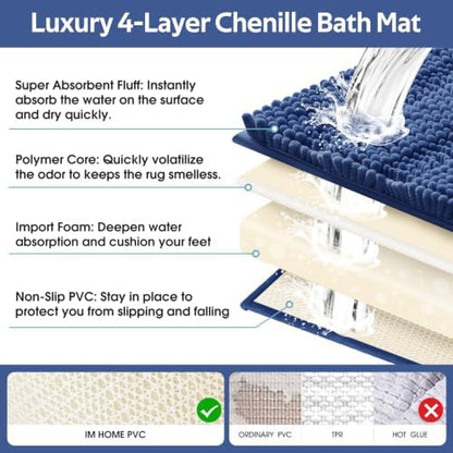 Striped Denim Blue Bathroom Rug Set 3 Pieces Ultra Soft, Non Slip Chenille Bath Carpet, Absorbent Plush Shaggy Bath Mats for Bathroom, Toilet, Bedroom, Kitchen