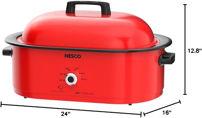 NESCO MWR18‑12 Electric Roaster Oven for Family‑Size Meals, Red 18‑Quart Countertop Roaster with Circle of Heat Heating Technology
