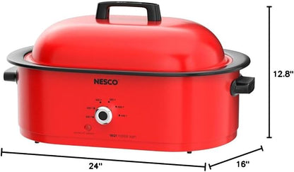 NESCO MWR18‑12 Electric Roaster Oven for Family‑Size Meals, Red 18‑Quart Countertop Roaster with Circle of Heat Heating Technology