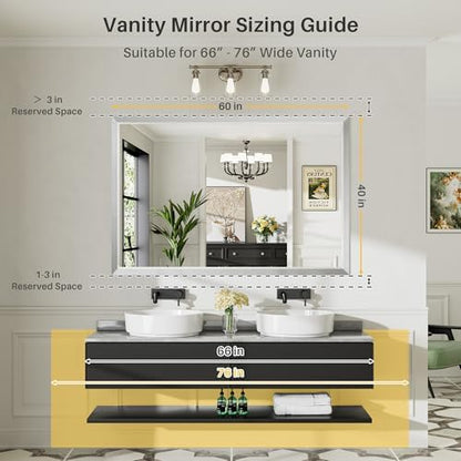 Briivue Bathroom Wall Mirror, Silver Brushed Nickel Metal Frame, 60x40 Inch