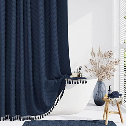 Dynamene Extra Long Boho Shower Curtain Tufted Chevron 72"x96" Navy Blue