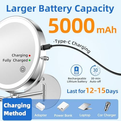 9"Wall Mounted Makeup Mirror with Lights,5000mAh Rechargeable 1X/30X