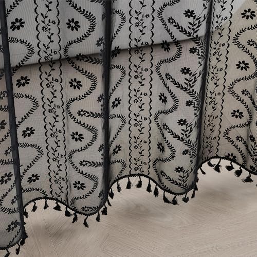 WAZZIO Black Lace Shower Curtain - Vintage Pretty Floral Sheer Shower Curtains Goth, Decorative Tassel Bath Curtains for Bathroom, 72 x 72 Inch, 1 Panel