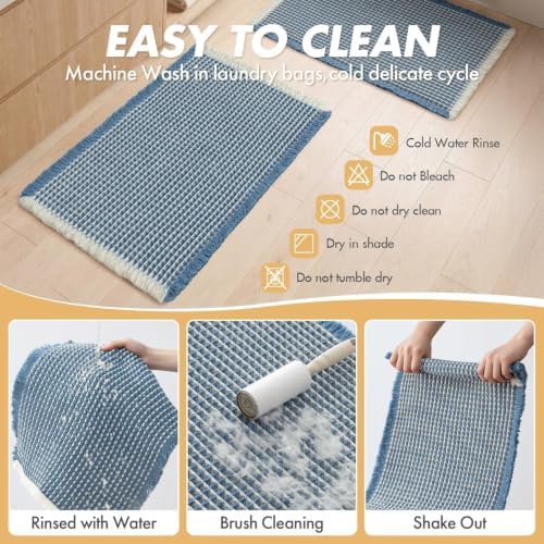 MIULEE Set of 2 Waffle Bathroom Rugs Boho Bath Mat Blue&Cream 18x30 Inch