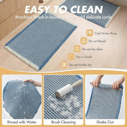 MIULEE Set of 2 Waffle Bathroom Rugs Boho Bath Mat Blue&Cream 18x30 Inch